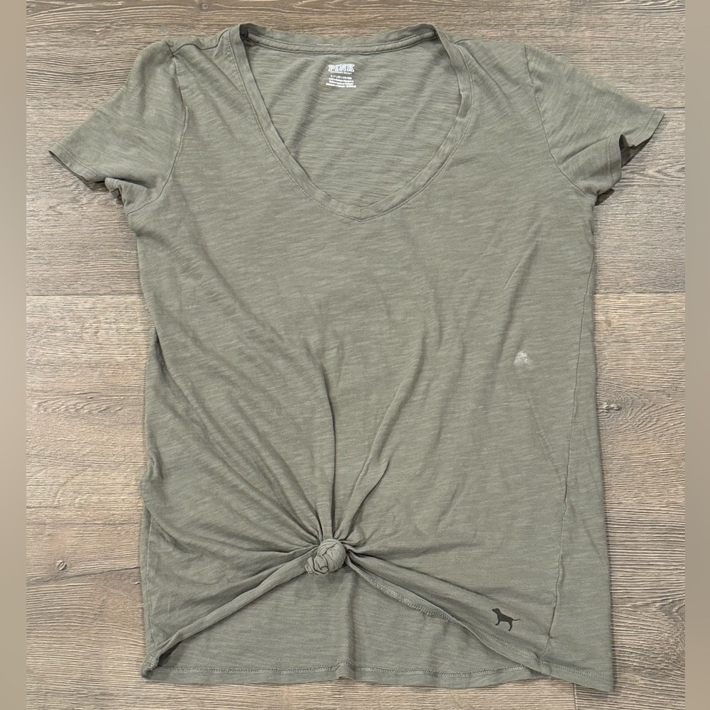 Pink Victorias Secret Campus V-Neck Short Sleeve Shirt Olive Green Tied Up Y2K